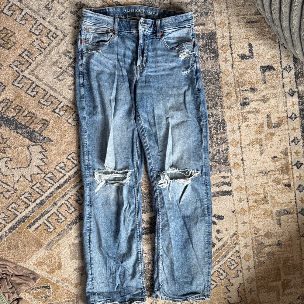 American Eagle Outfitters Light Blue Straight-Leg Distressed Jeans